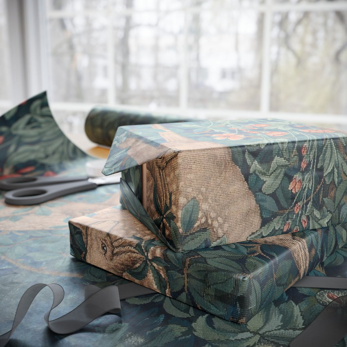 Decorative box with floral pattern on a table with scissors and ribbon.