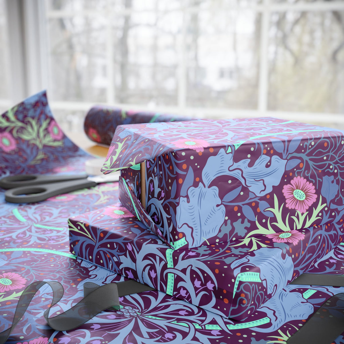 Stack of wrapped presents with floral pattern on a table