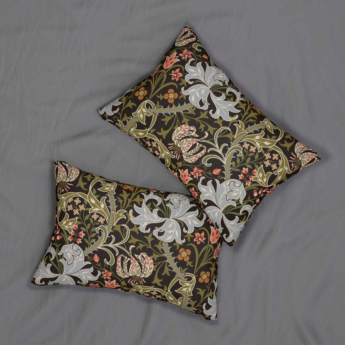 Lumbar Cushion designed by William Morris & Co in a dark floral pattern called Golden Lily Collection (Midnight)