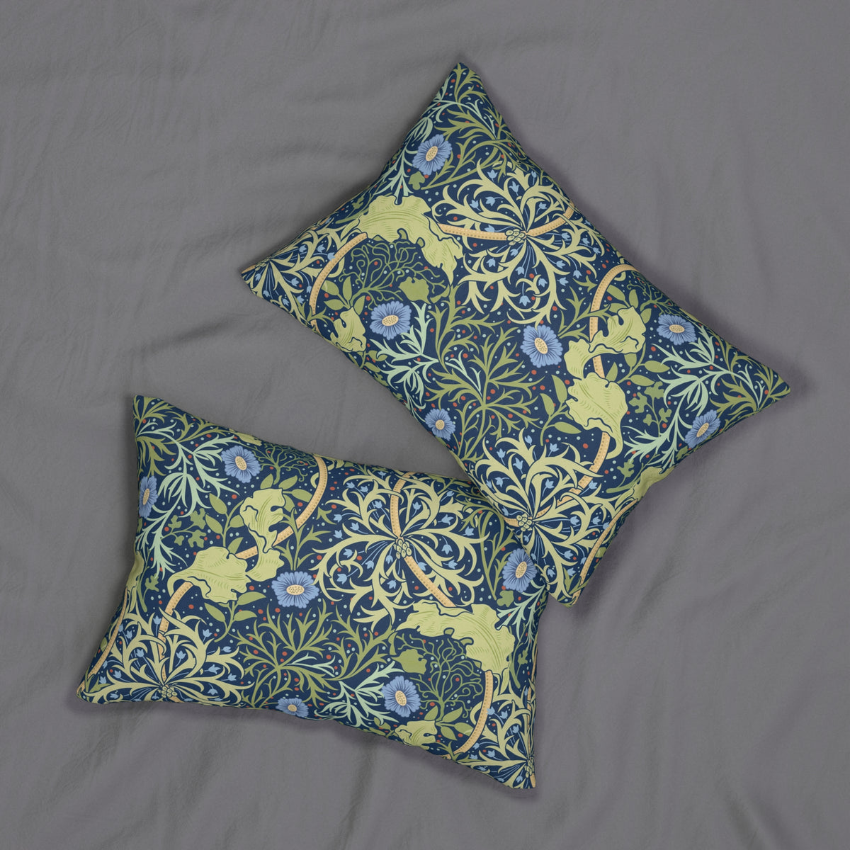 Lumbar Cushion designed by William Morris & Co in a blue and green floral pattern called Seaweed Collection (Blue Flowers)