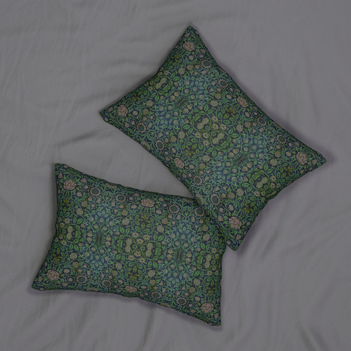 Lumbar Cushion designed by William Morris & Co in a green and blue floral pattern called Violet & Columbine Collection (Green)