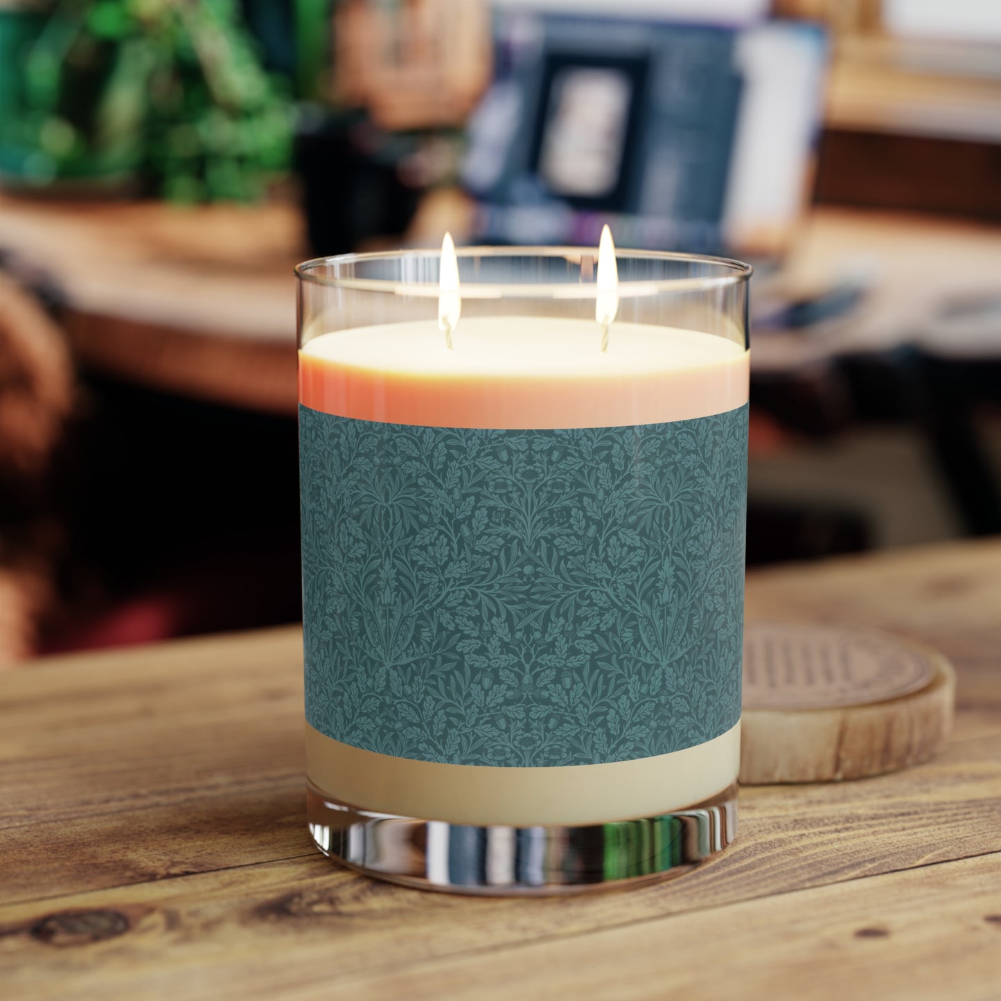 Luxury Scented Candle in a glass jar with a label pattern by William Morris & Co called Acorns and Oak Leaves Collection (Teal)
