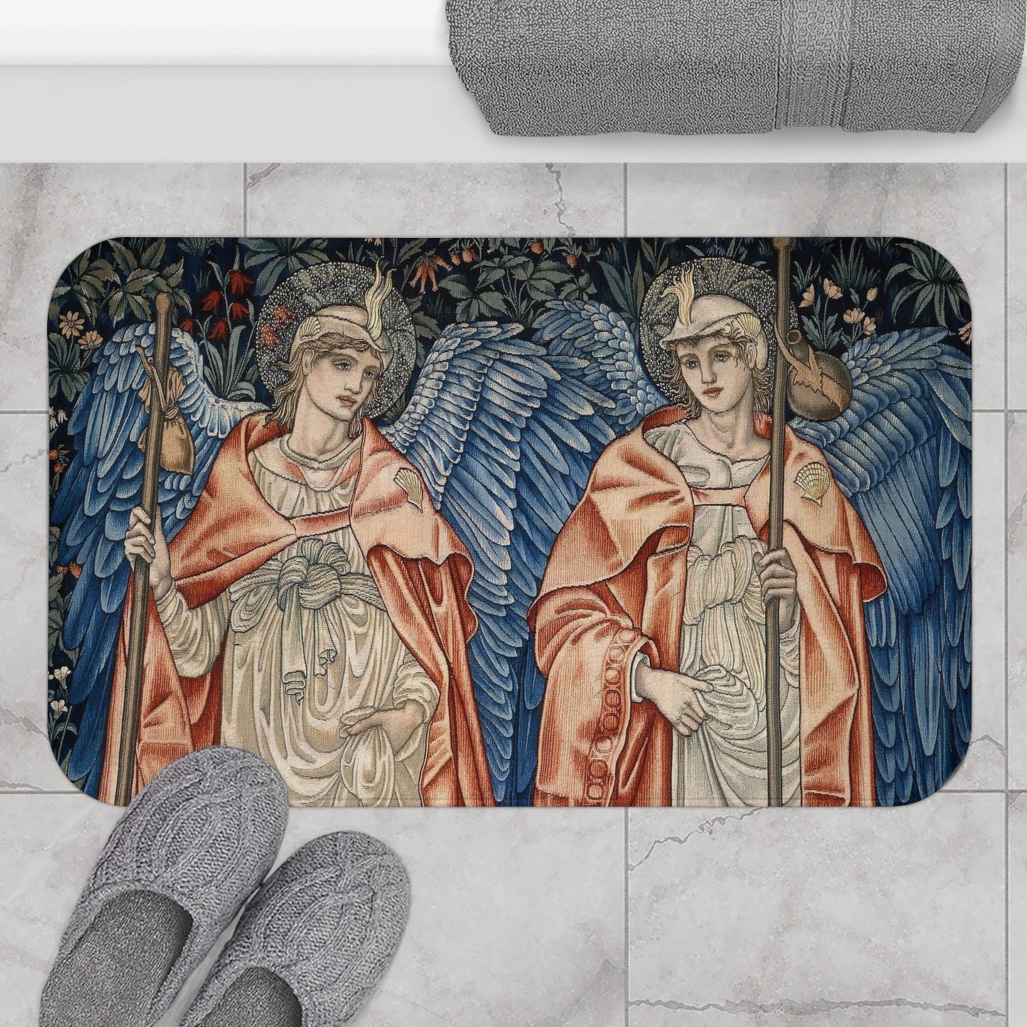 A microfibre bath mat with a printed design featuring two angels from the William Morris Angeli Ministrantes collection.
