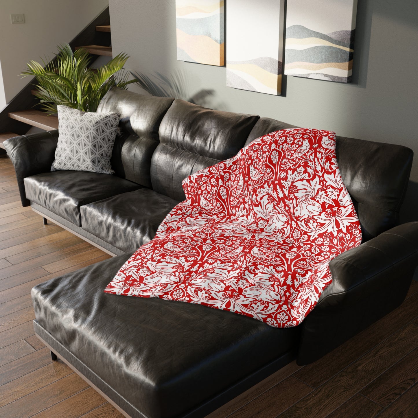 Luxury Velveteen Minky Blanket (Two-sided print) inspired by William Morris & Co in a pattern called Brer Rabbit Collection (Grey/Red)