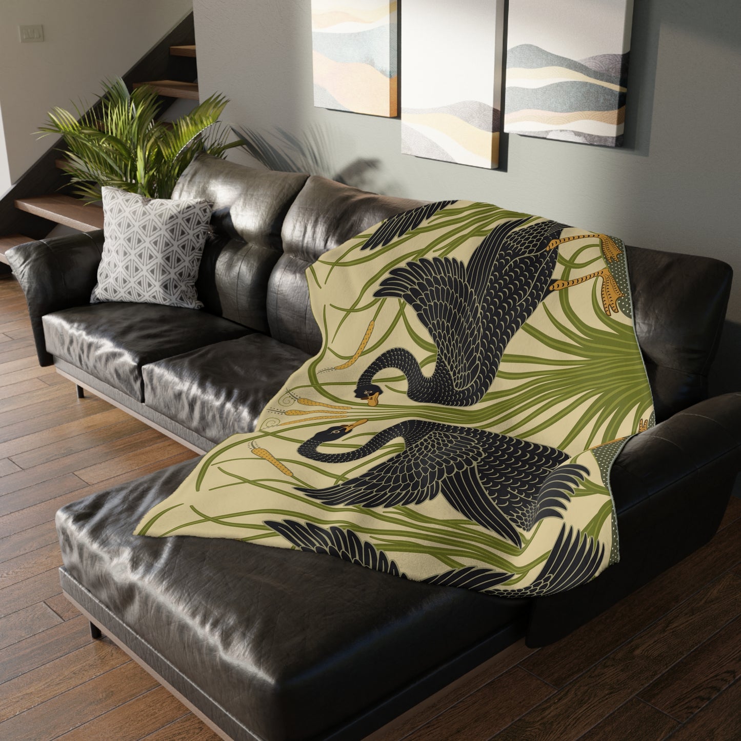 Luxury Velveteen Minky Blanket inspired for William Morris & Co (Two-sided print) - Swans Collection (Horizontal) in Beige, Green, Black and White by the designer Walter Crane