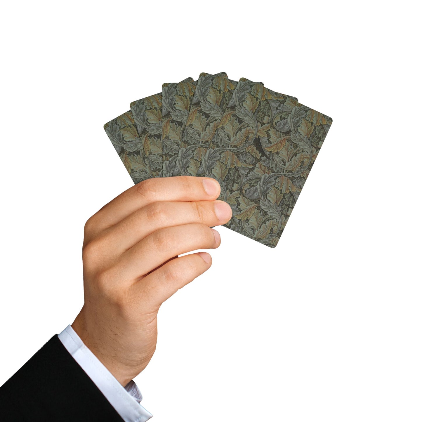 Hand holding a set of playing cards with a white background