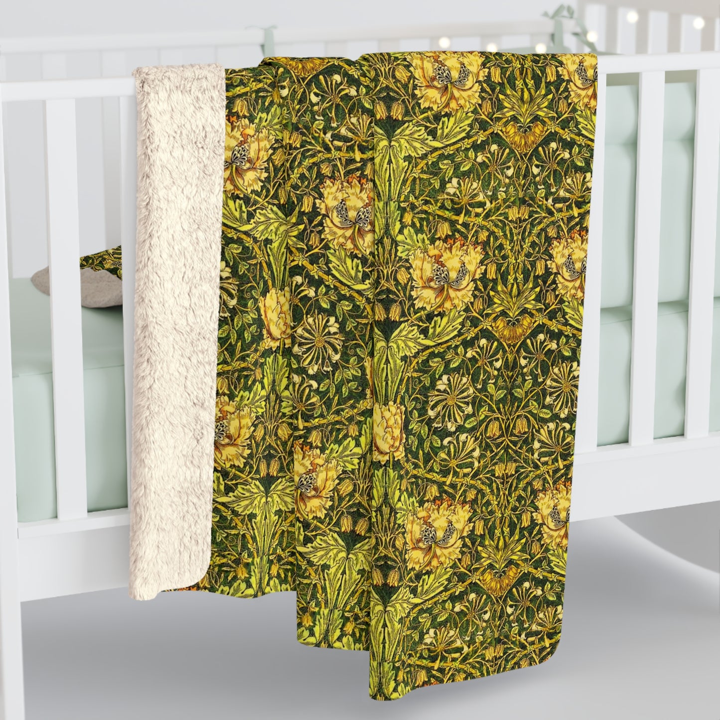Floral patterned fabric draped over a white bed frame