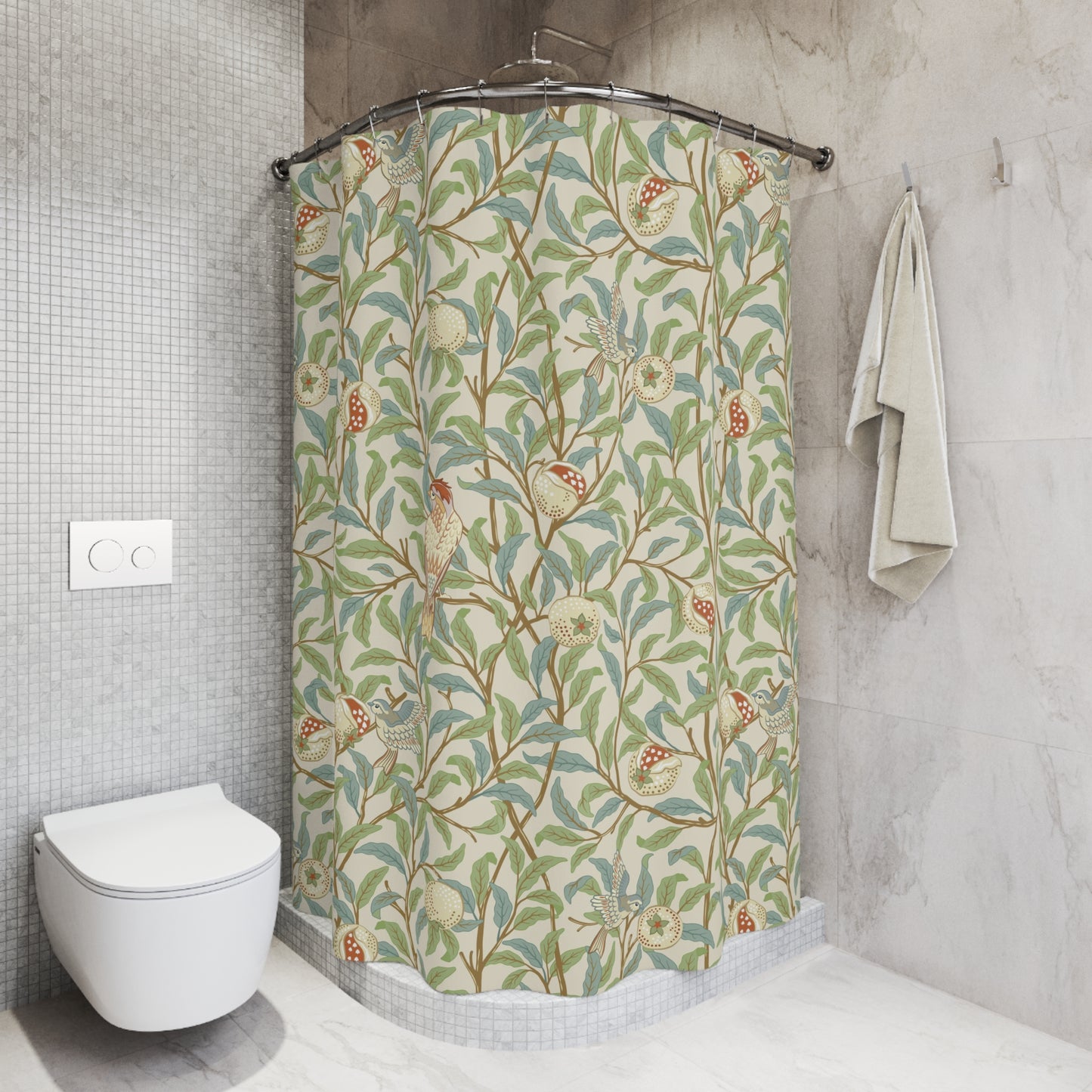 Bathroom with a floral-patterned shower curtain and a white toilet.