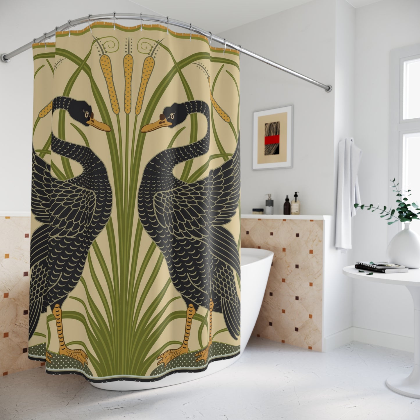 Shower curtain with black bird design in a bathroom setting