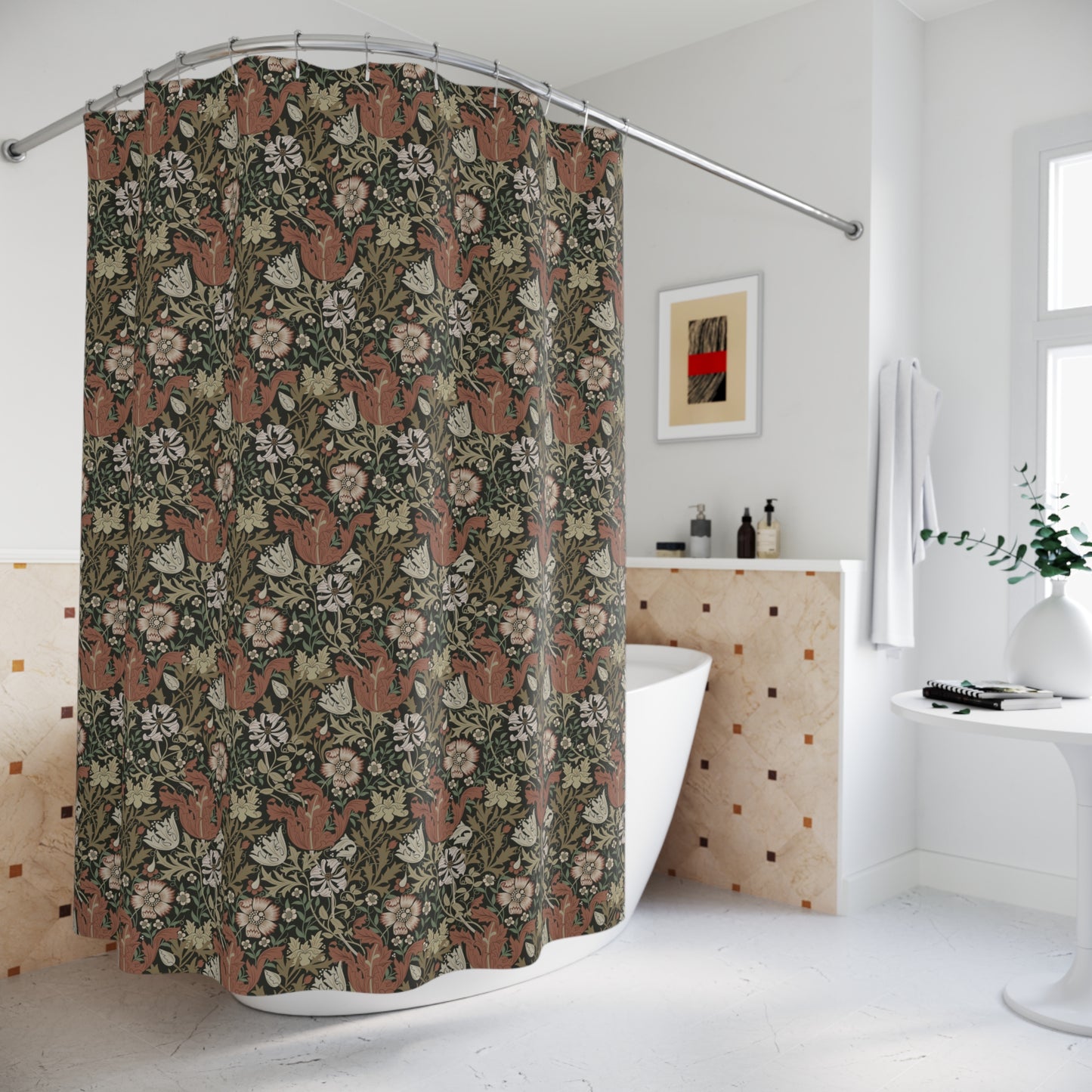 Patterned shower curtain in a bathroom setting with a bathtub and decorative elements.