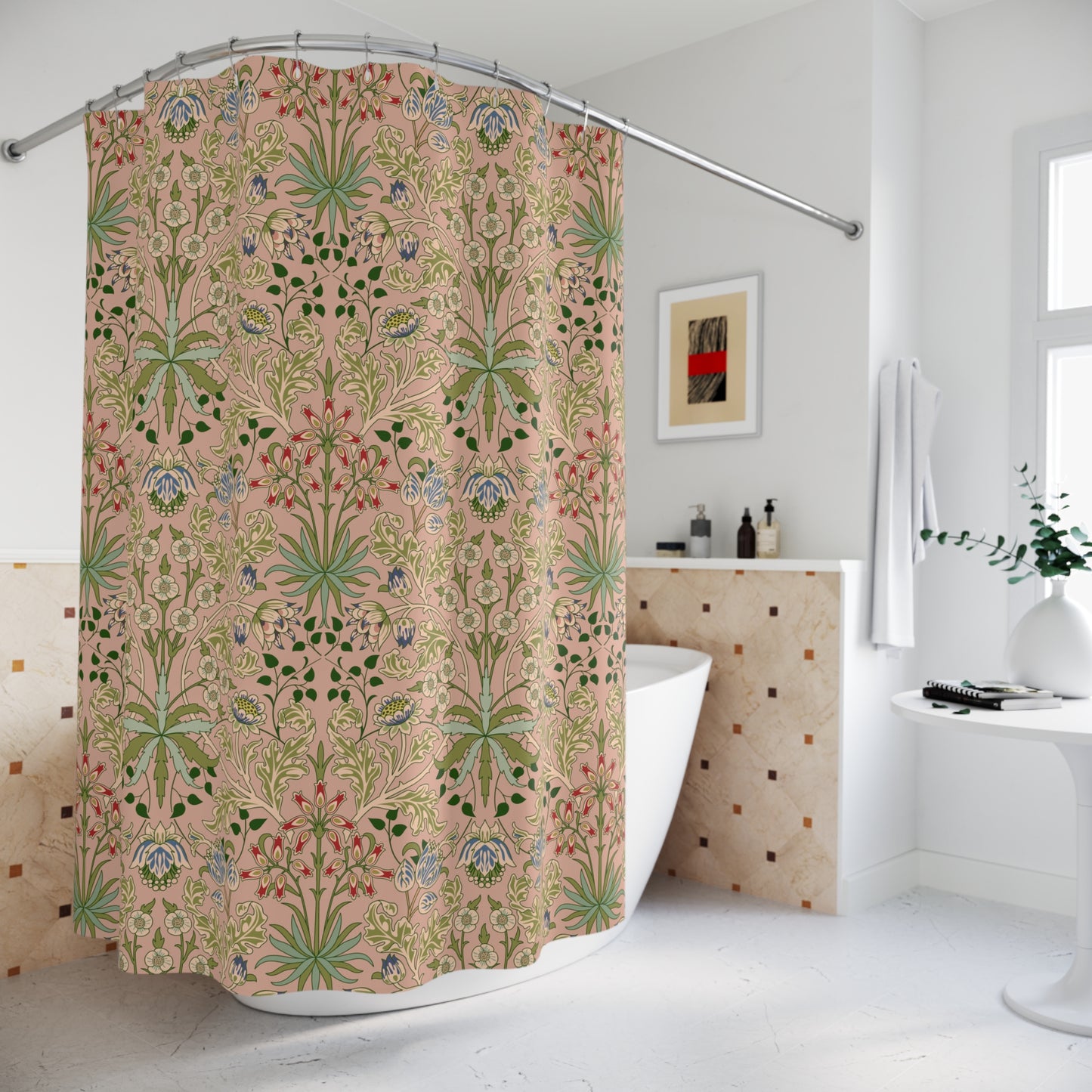 Shower curtain with floral pattern in a bathroom setting