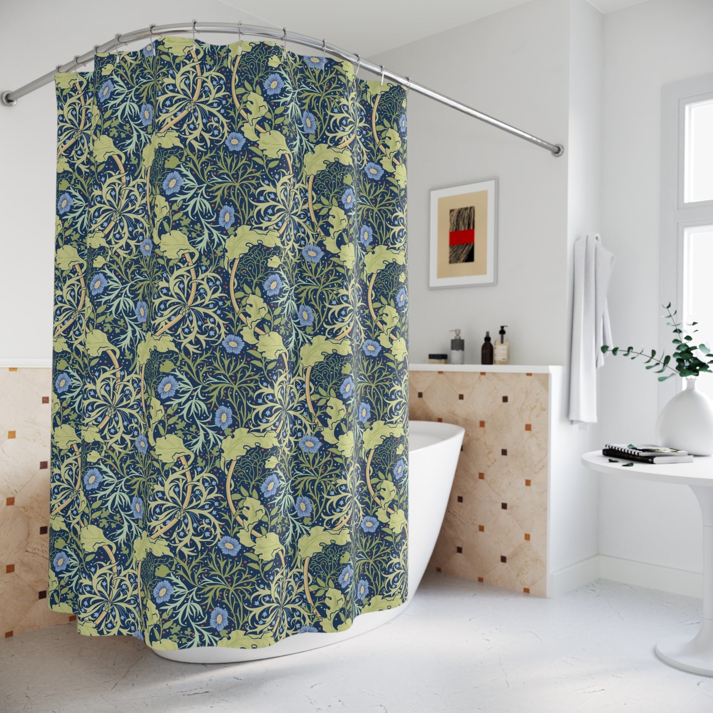 Shower curtain with floral pattern in a bathroom setting