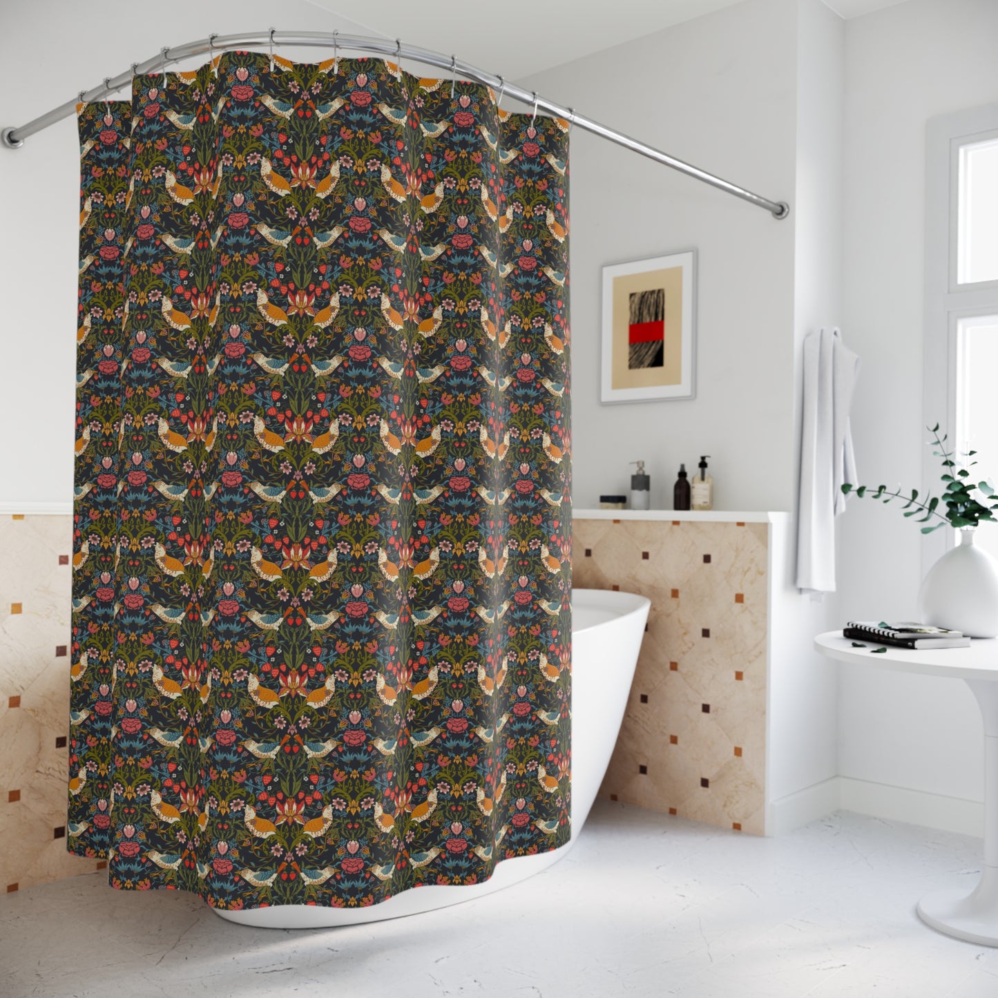 A shower curtain featuring a repeating William Morris & Co 'Strawberry Thief' pattern with birds and floral motifs on a dark background.