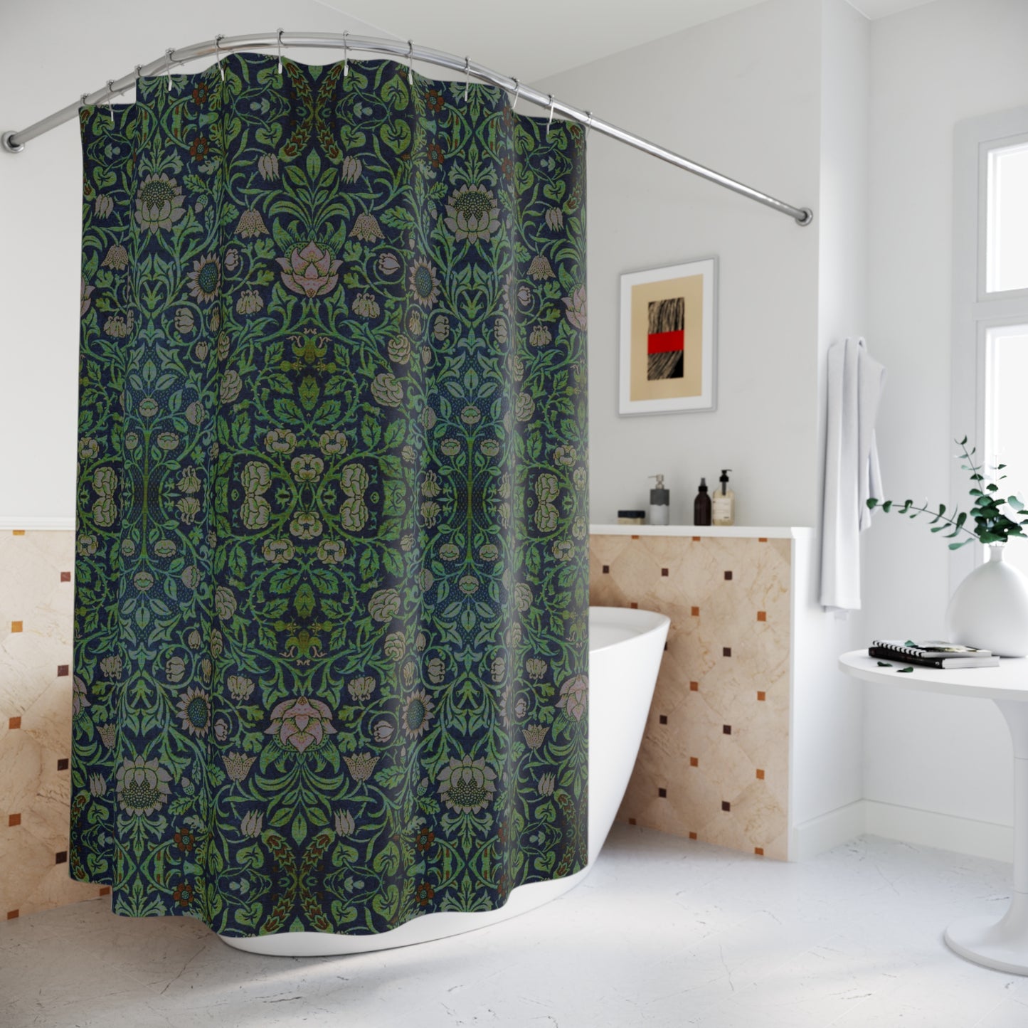 Patterned shower curtain in a bathroom setting with a bathtub and decorative elements.