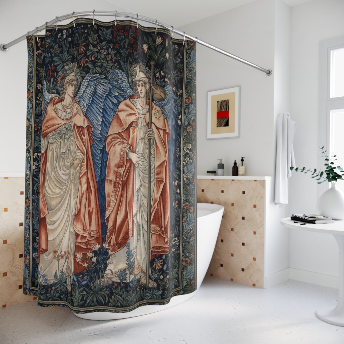 Decorative shower curtain with classical design in a modern bathroom.
