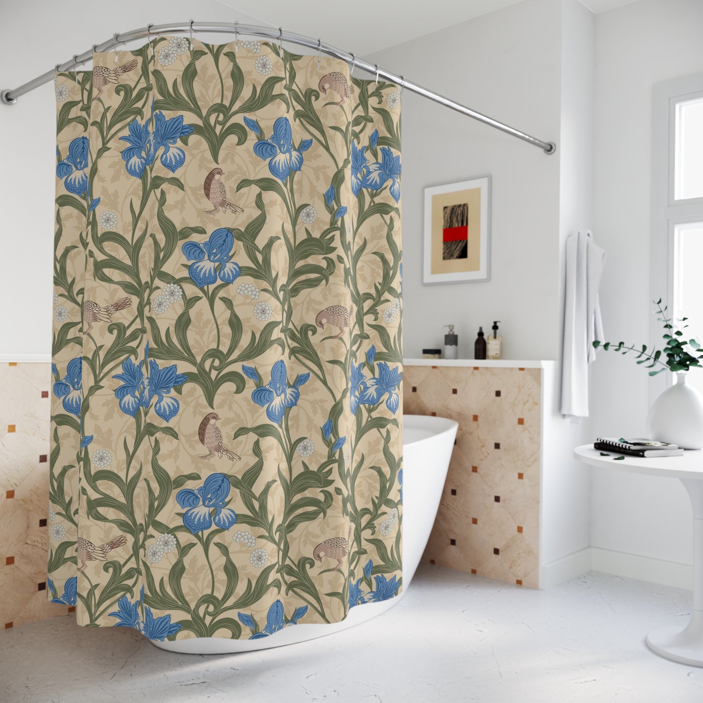 Shower curtain with floral pattern in a bathroom setting