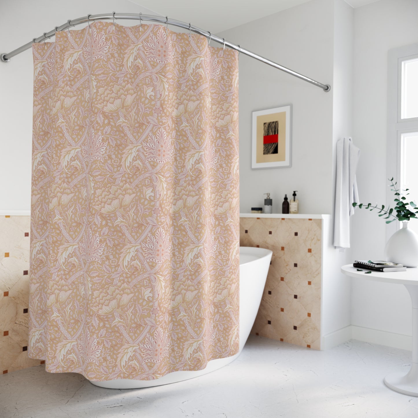 A shower curtain with a floral pattern in shades of pink and beige, inspired by the art of William Morris.