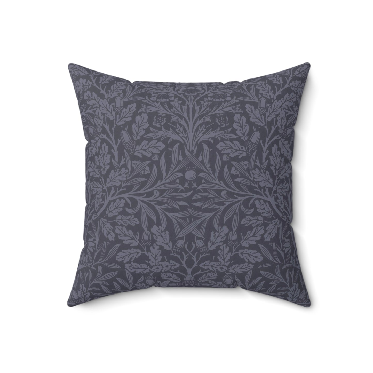 A square-shaped throw pillow with aWilliam Morris & Co floral pattern in shades of blue, featuring acorns and oak leaves.