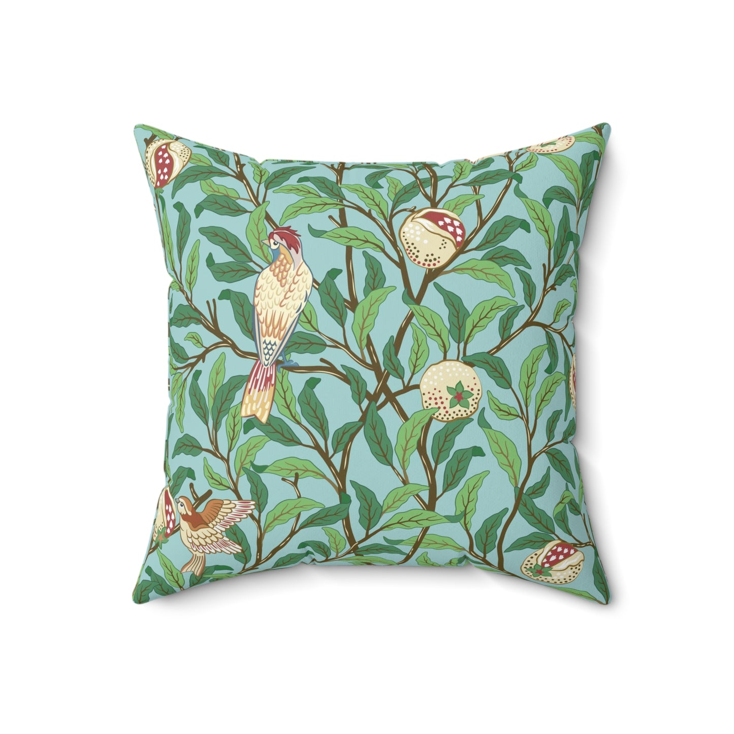 A square-shaped throw pillow with a Tiffany Blue floral background featuring a bird and pomegranate William Morris & Co pattern .