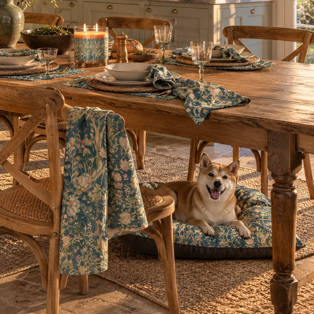 A tan Shiba Inu dog lies on a blue and cream floral dog bed under a wooden dining table in a rustic dining room. A matching blue and cream floral throw blanket is draped over a wooden chair.