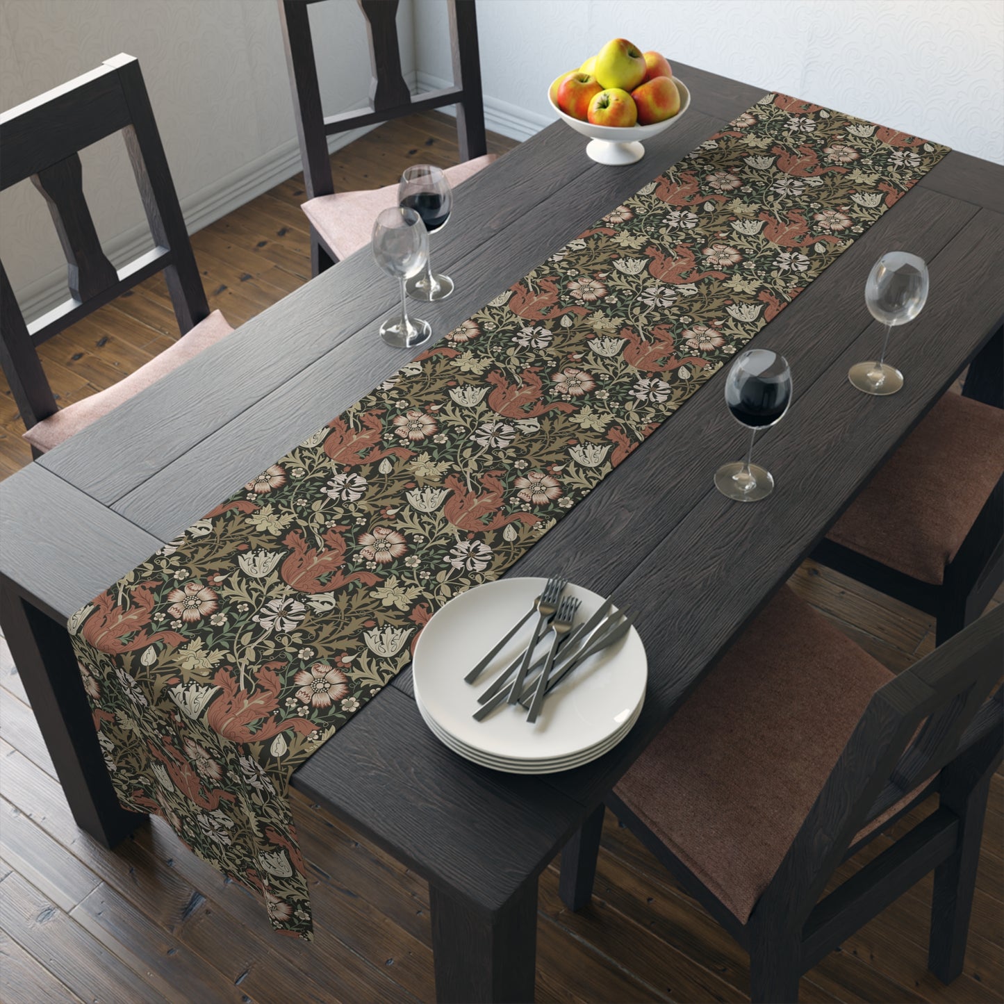 A floral patterned table runner inspired by William Morris, displayed on a dining table.