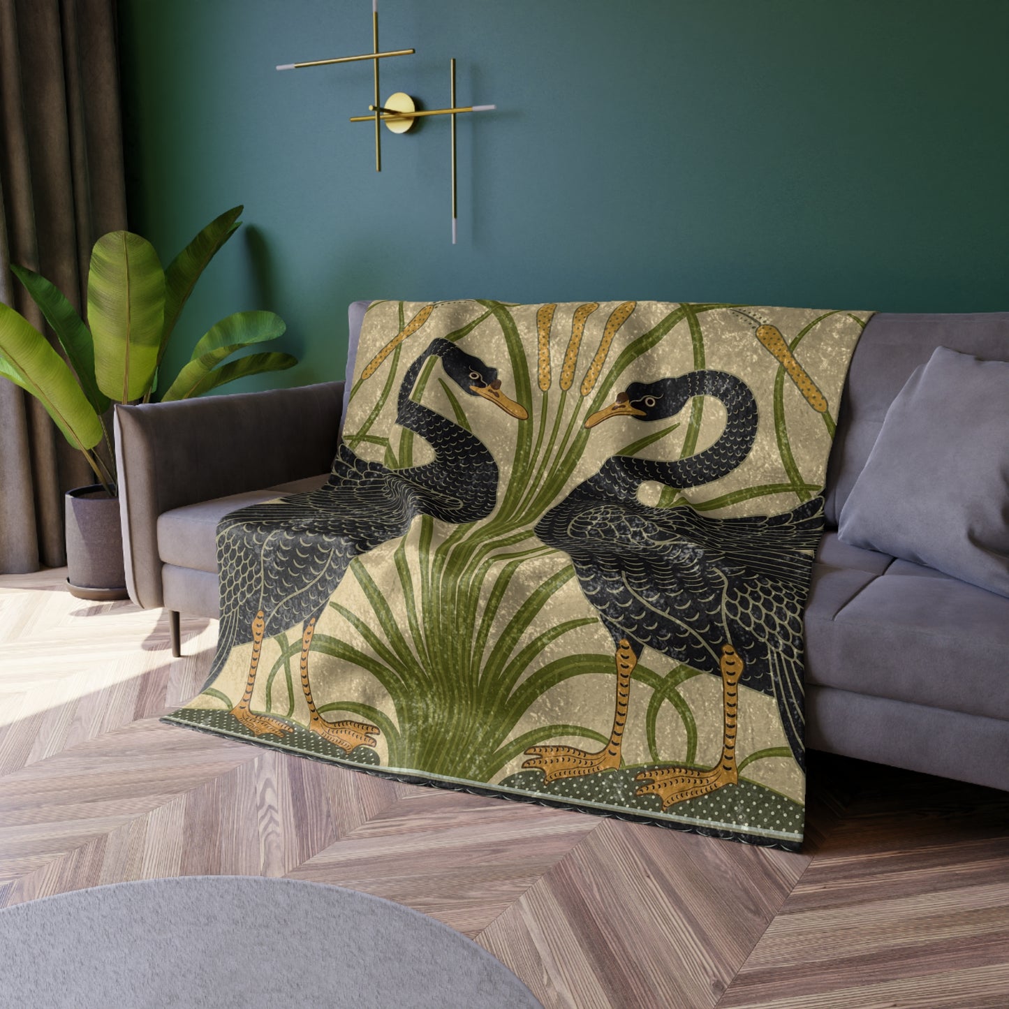 A crushed velvet blanket with a floral pattern in muted colours, featuring a design inspired by William Morris' art.