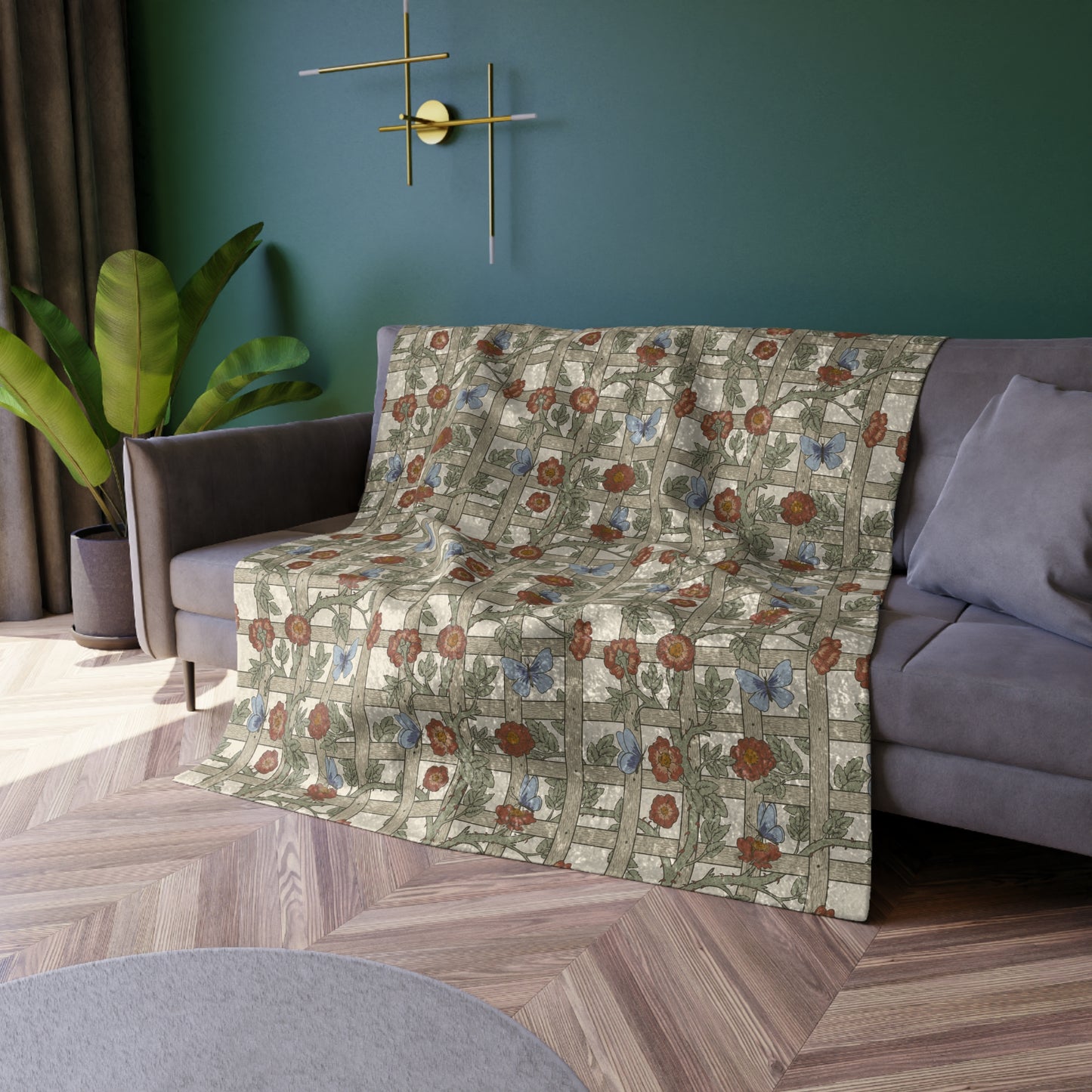 A crushed velvet blanket with a floral pattern inspired by William Morris & Co, displayed on a white background.