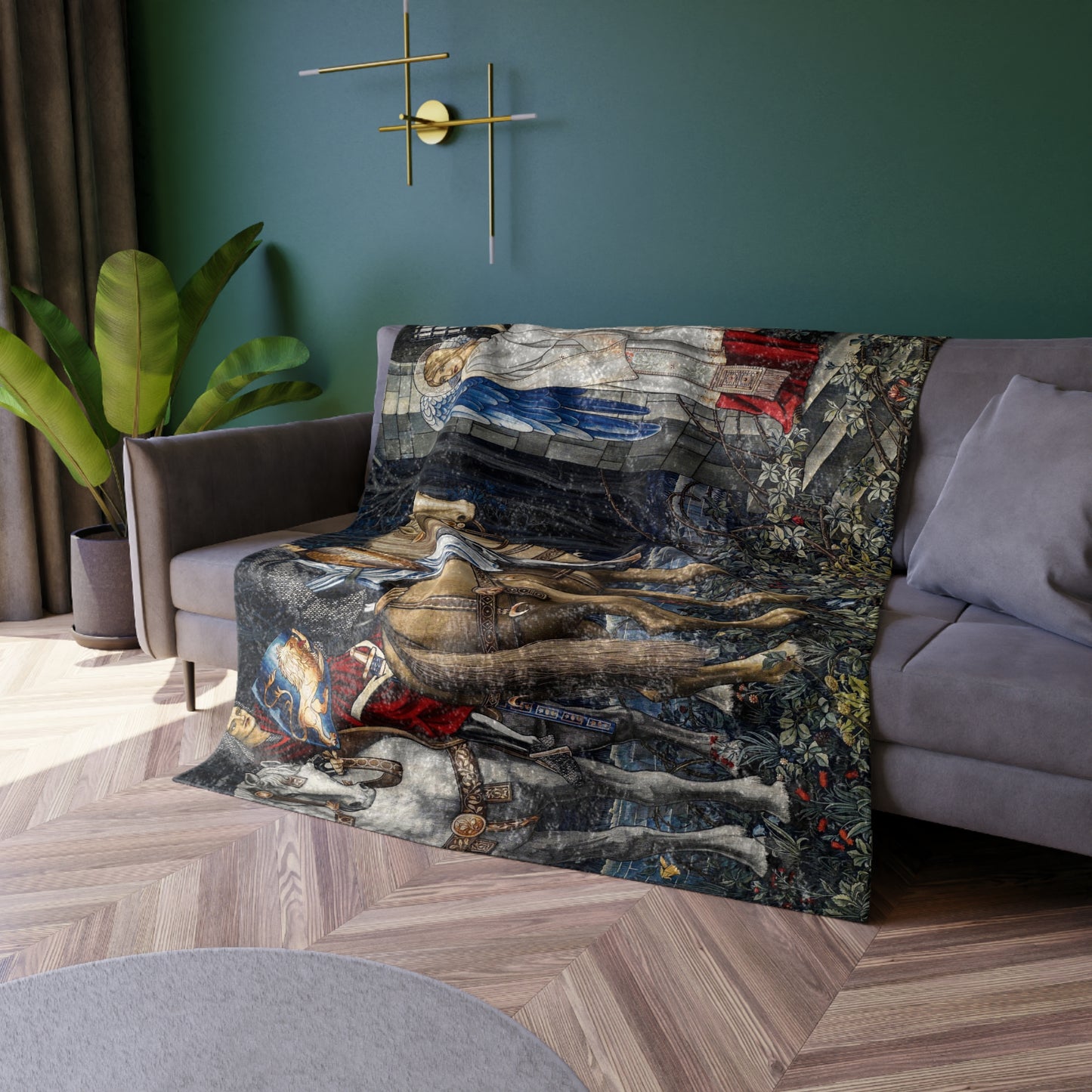 A crushed velvet blanket with a floral William Morris & Co pattern on a dark background, folded to show both sides.
