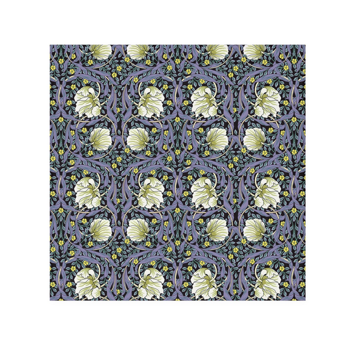 Floral patterned fabric swatch with green flowers on a dark blue background