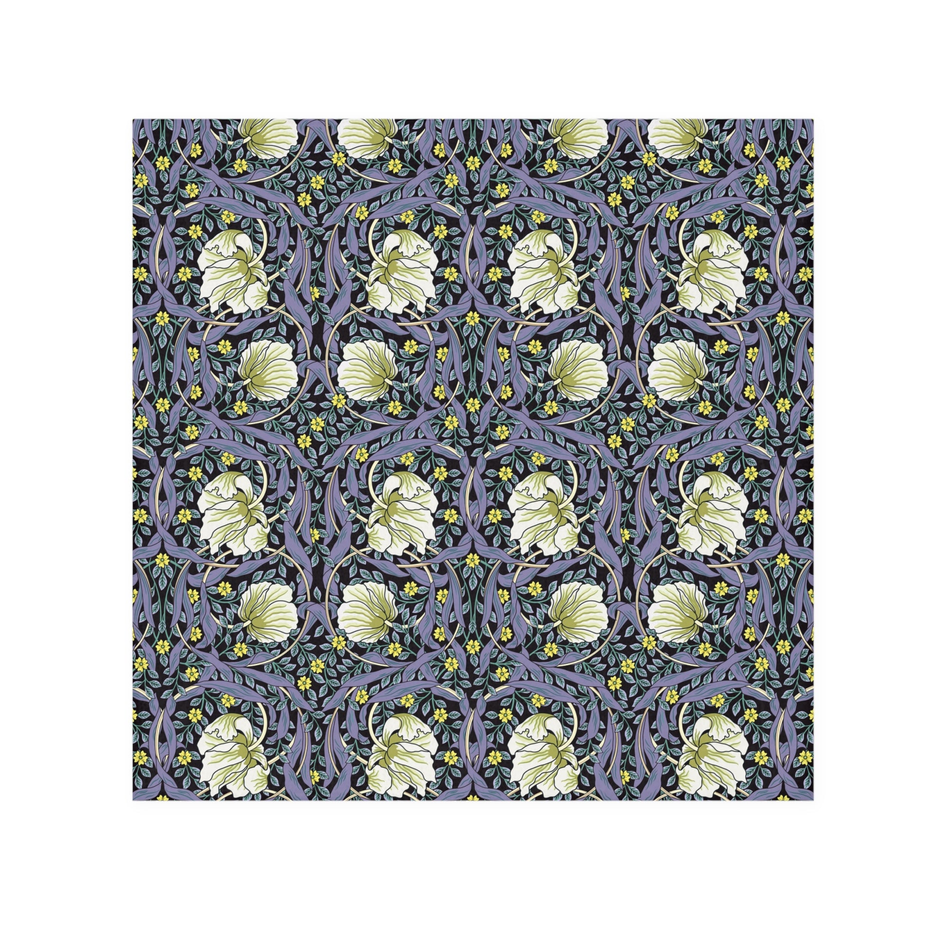 Floral patterned fabric swatch with green flowers on a dark blue background
