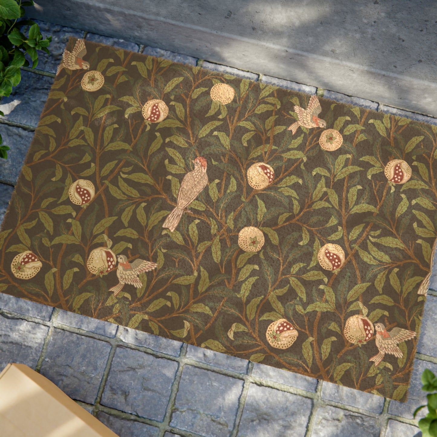 Coconut Coir Doormat inspired by William Morris - Bird and Pomegranate Collection (Onyx) in black and green floral pattern