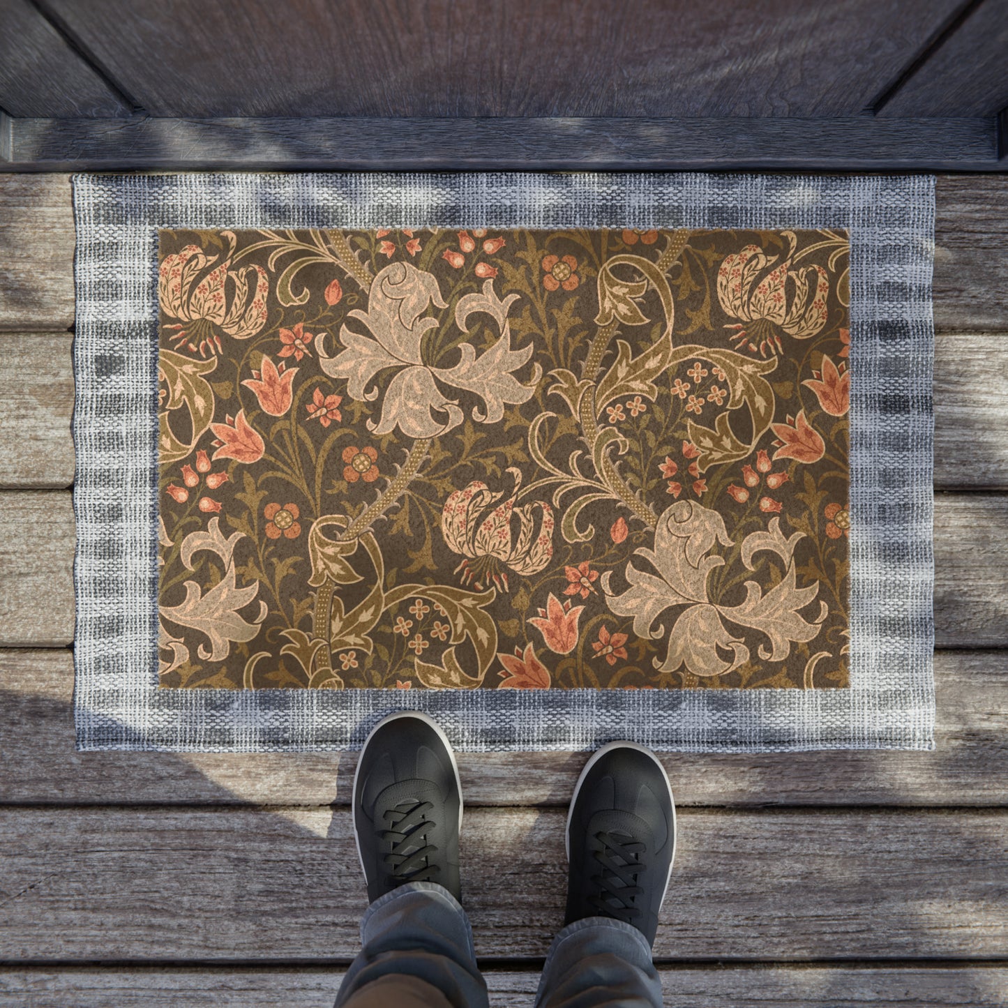 Coconut Coir Doormat inspired by William Morris & Co in a pattern of Golden Lily Collection (Midnight) in black, green and red