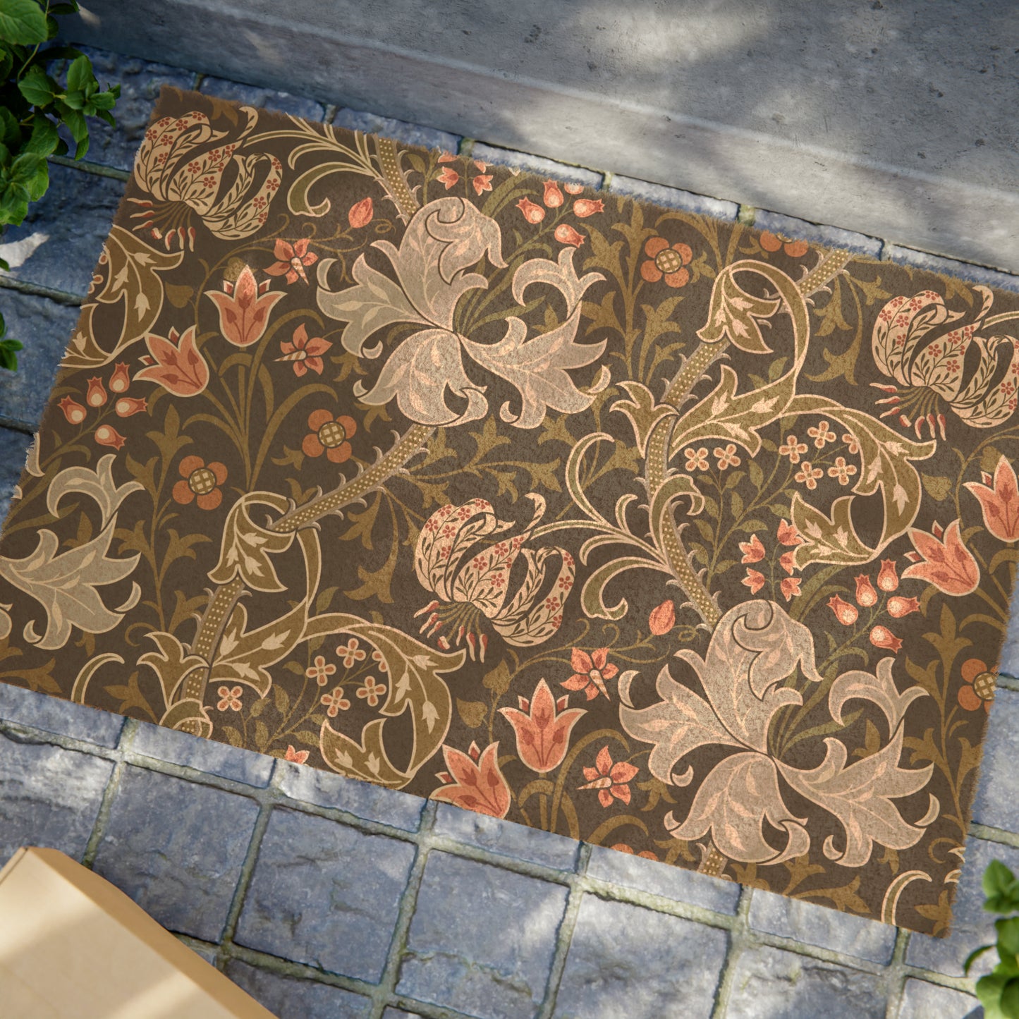 Coconut Coir Doormat inspired by William Morris & Co in a pattern of Golden Lily Collection (Midnight) in black, green and red