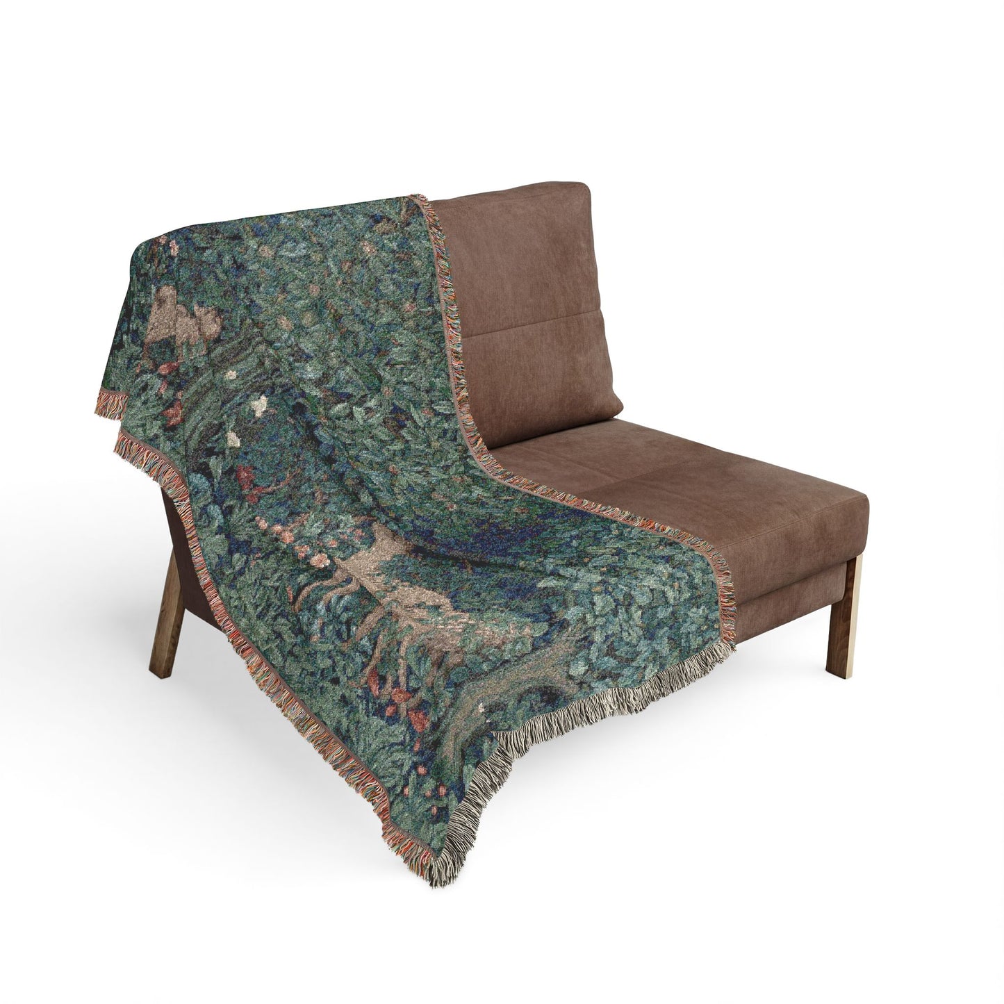 Brown chair with a patterned green blanket draped over it on a white background