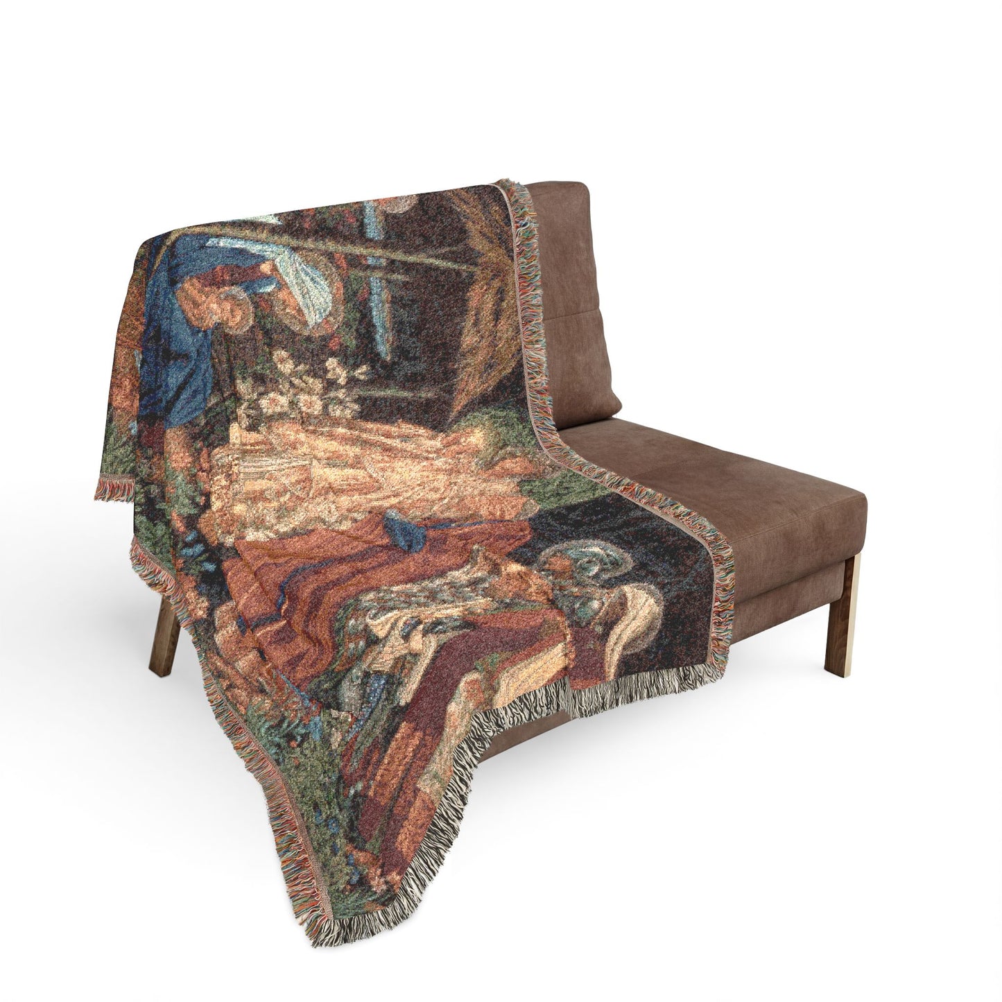Decorative tapestry with intricate patterns draped over a brown chair on a white background