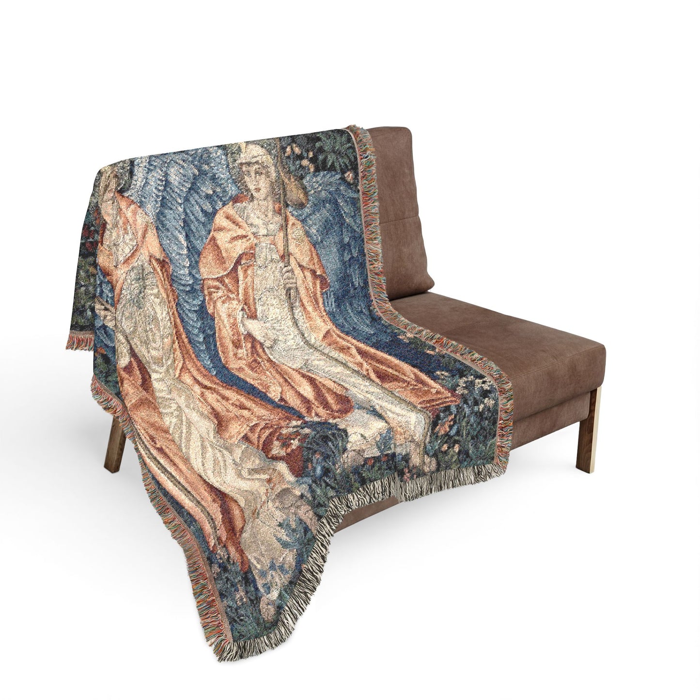 Decorative tapestry with classical design draped over a brown chair on a white background