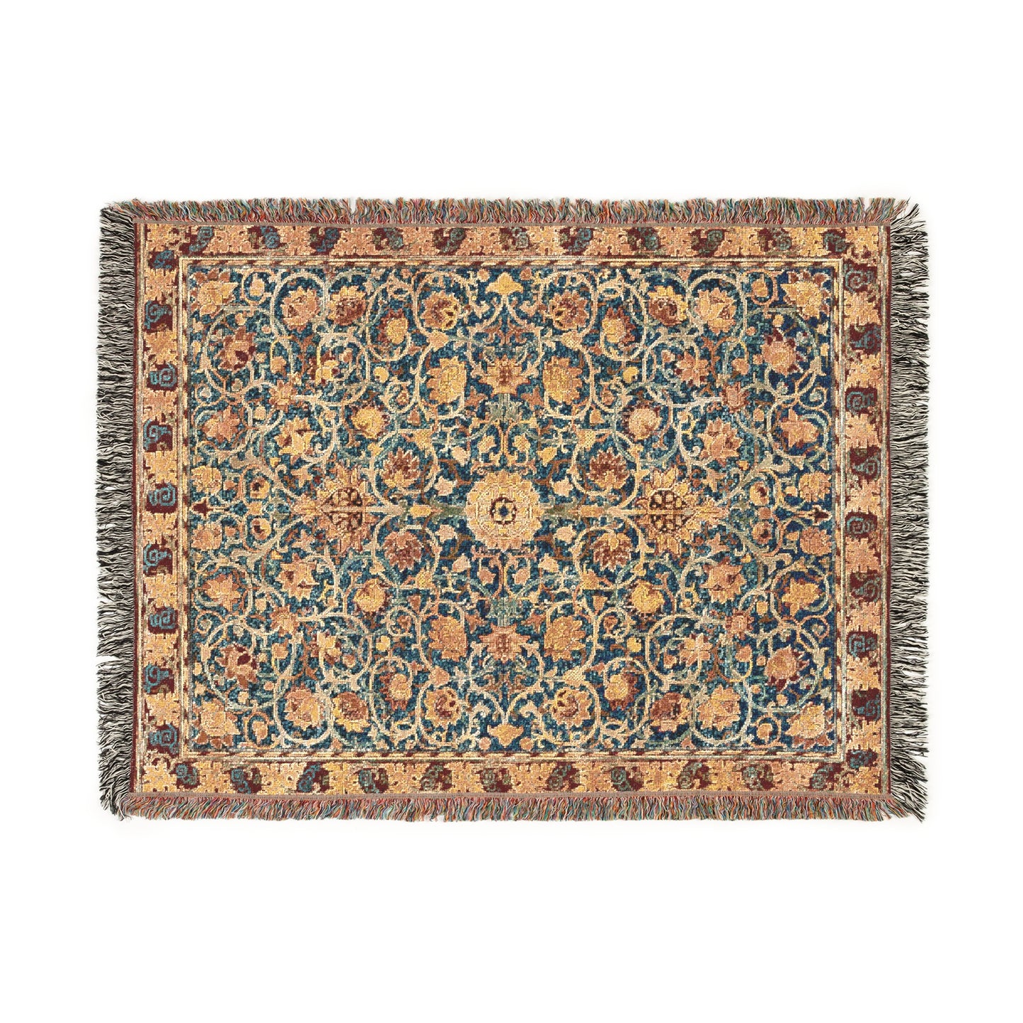 A woven cotton blanket with a geometric pattern in a mix of brown, beige, and blue colors, featuring colorful fringed edges.