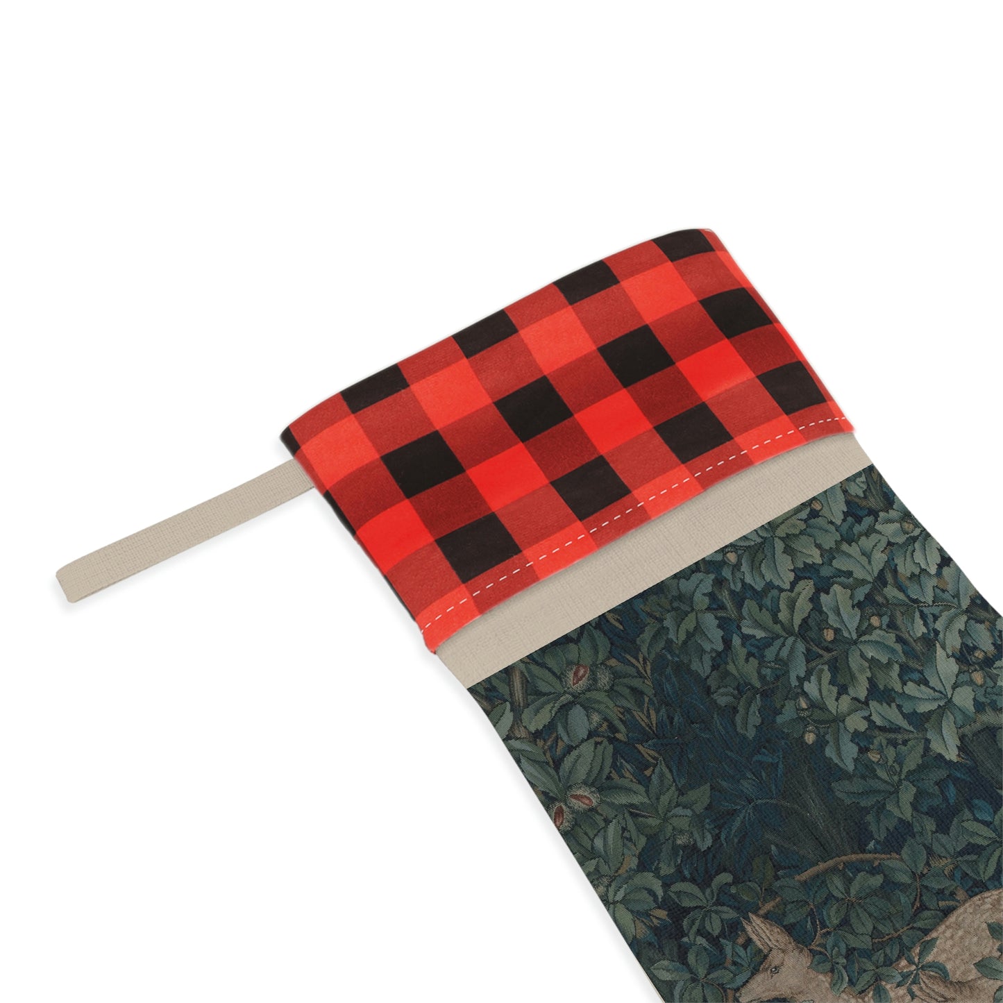 A Christmas stocking with a red and black plaid design at the top and a floral and animal pattern in the bottom section, inspired by William Morris - Greenery Collection.