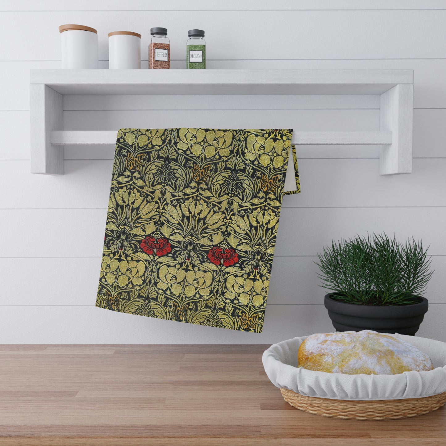 A kitchen tea towel with a floral pattern inspired by William Morris - Tulip and Rose Collection.
