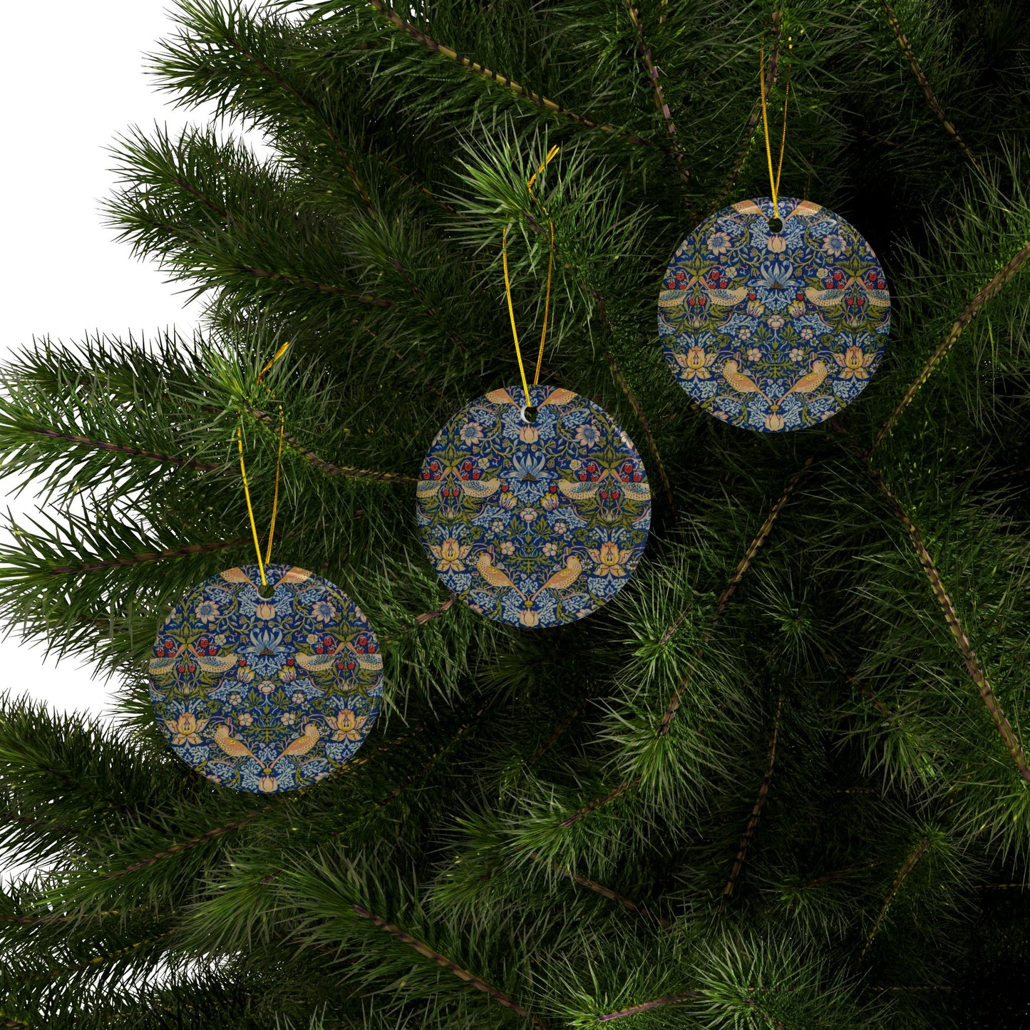 Ceramic Christmas Ornaments inspired by William Morris - Strawberry Thief Collection (Indigo) - Double Sided Print: 1pc, 3pcs, 5pcs, 10pcs