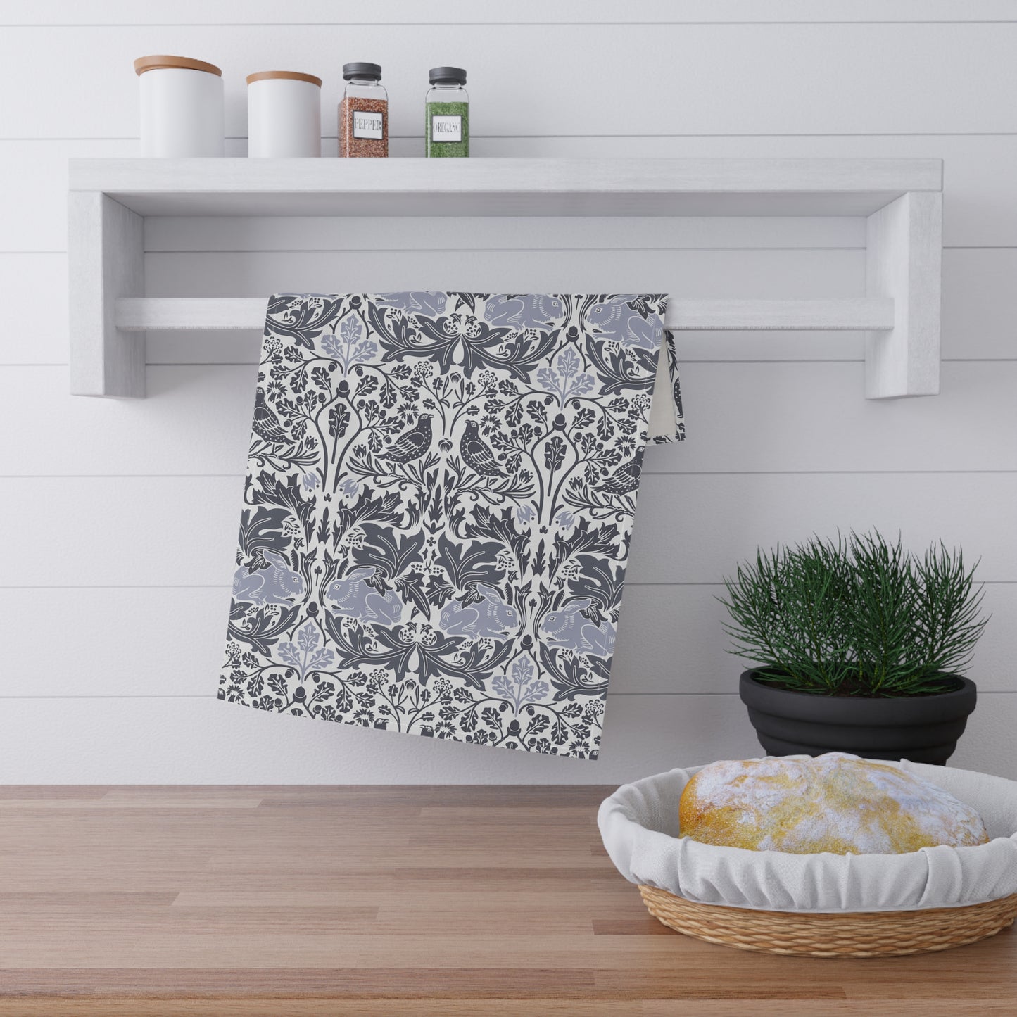 Kitchen Tea Towel inspired by William Morris - Brer Rabbit Collection (Grey)