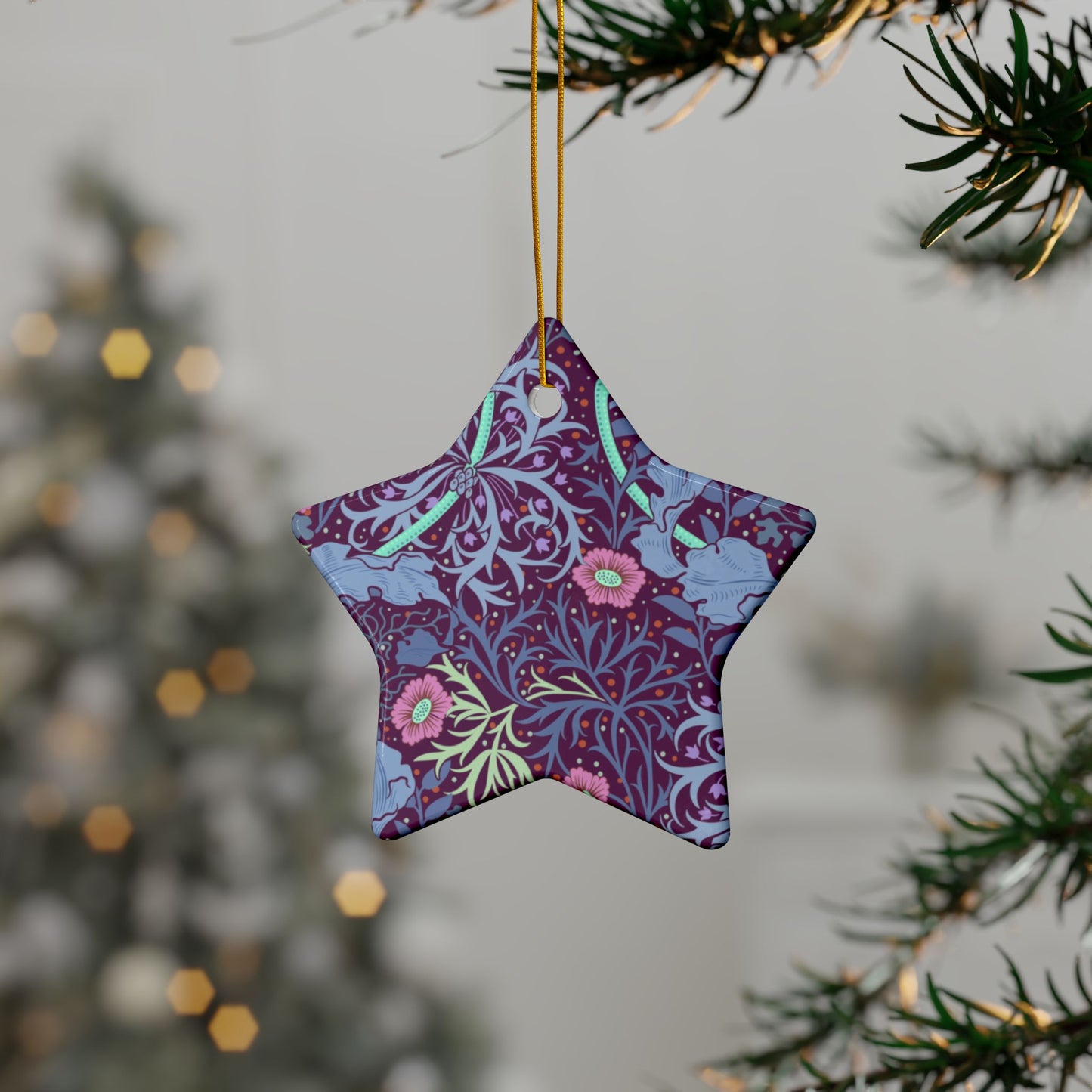 Ceramic Christmas Ornaments inspired by William Morris - Seaweed Collection (Pink Flower) - Double Sided Print: 1pc, 3pcs, 5pcs, 10pcs