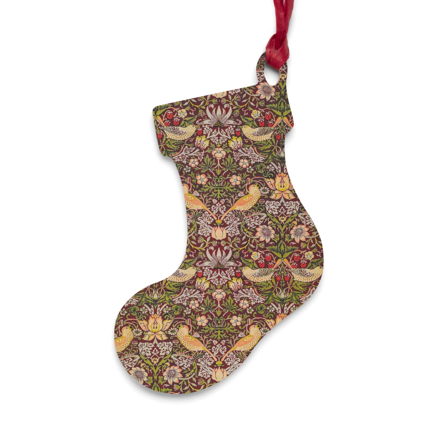 Wooden Christmas Ornaments inspired by William Morris - Strawberry Thief Collection (Crimson)