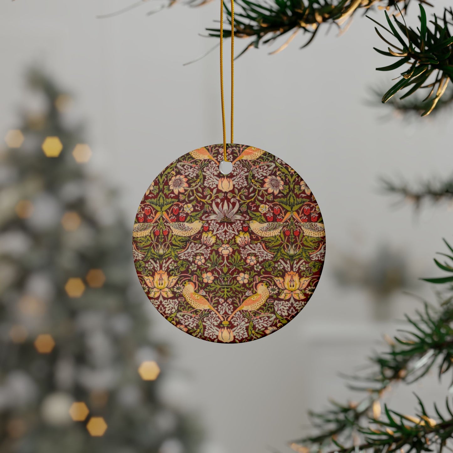 Ceramic Christmas Ornaments inspired by William Morris - Strawberry Thief Collection (Crimson) - Double Sided Print: 1pc, 3pcs, 5pcs, 10pcs