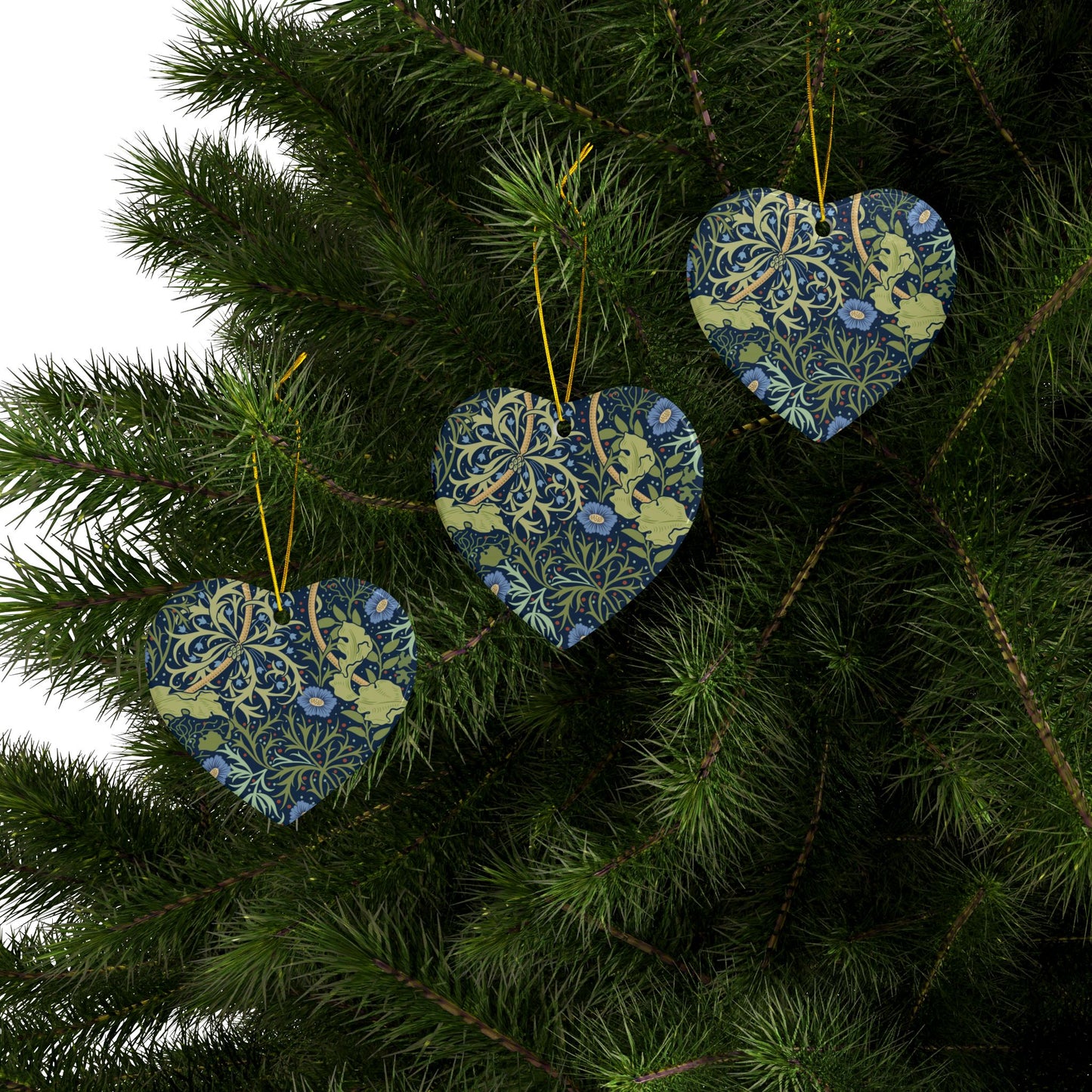 Ceramic Christmas Ornaments inspired by William Morris - Seaweed Collection (Blue Flower) - Double Sided Print: 1pc, 3pcs, 5pcs, 10pcs