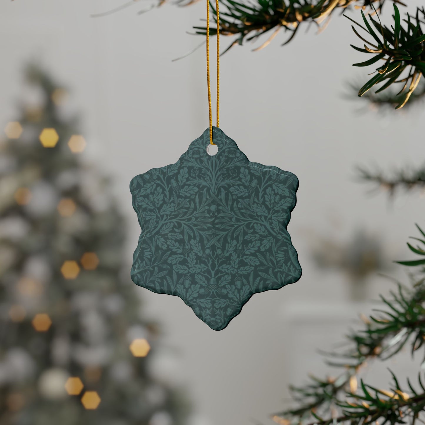 Ceramic Christmas Ornaments inspired by William Morris - Acorn & Oak Leaves (Teal) Collection - Double Sided Print: 1pc, 3pcs, 5pcs, 10pcs