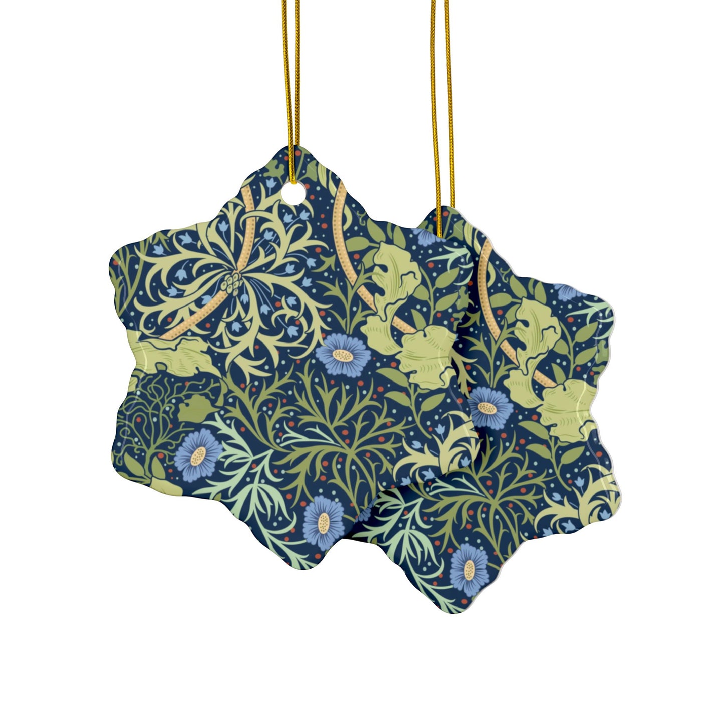 Ceramic Christmas Ornaments inspired by William Morris - Seaweed Collection (Blue Flower) - Double Sided Print: 1pc, 3pcs, 5pcs, 10pcs