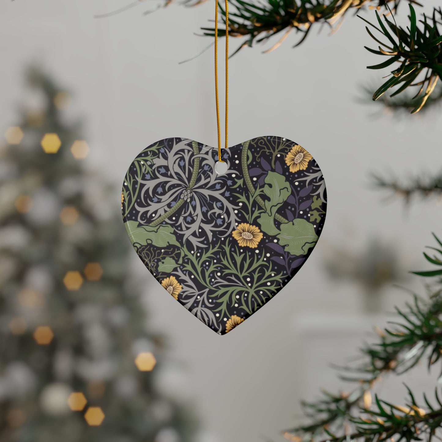 Ceramic Christmas Ornaments inspired by William Morris - Seaweed Collection (Yellow Flower) - Double Sided Print: 1pc, 3pcs, 5pcs, 10pcs