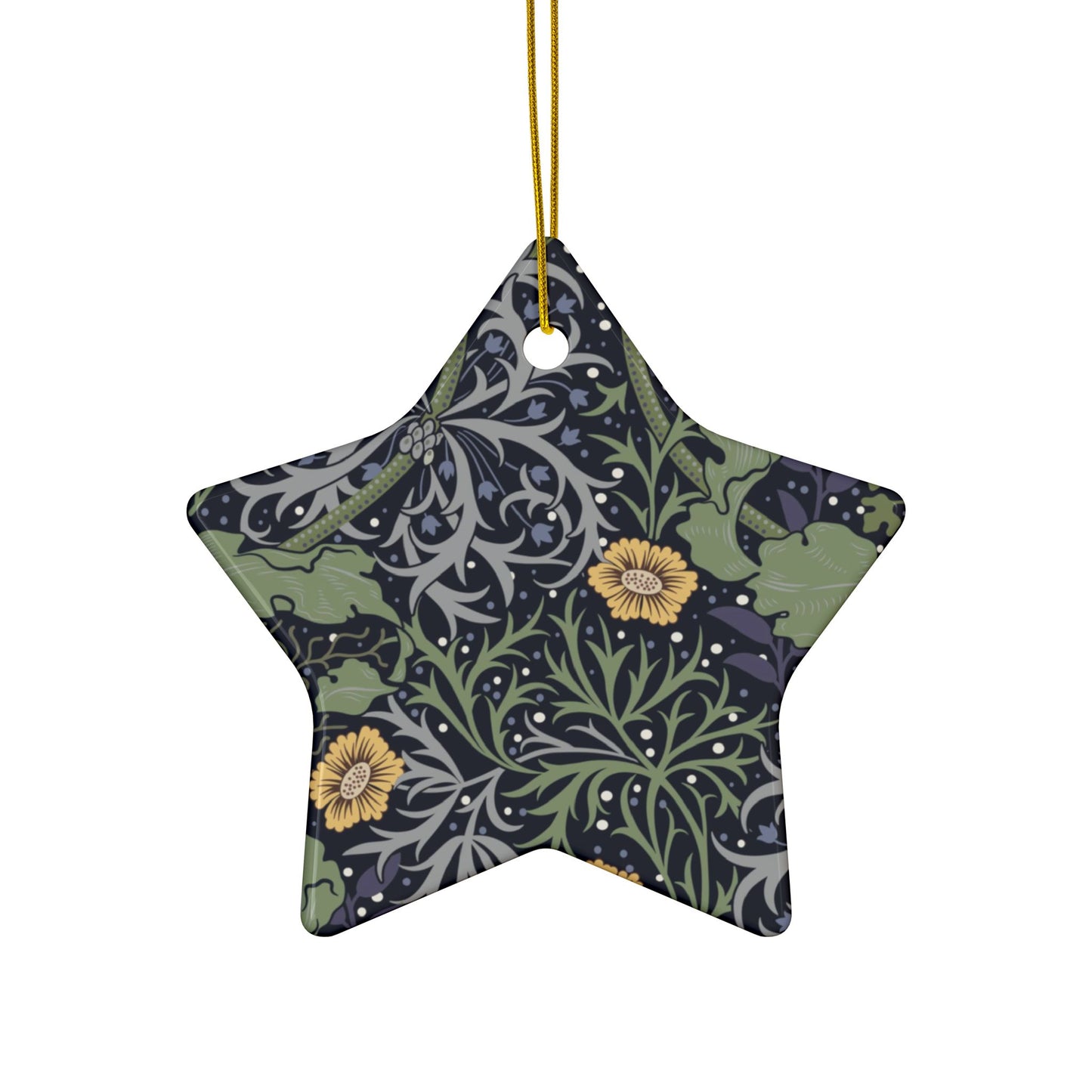 Ceramic Christmas Ornaments inspired by William Morris - Seaweed Collection (Yellow Flower) - Double Sided Print: 1pc, 3pcs, 5pcs, 10pcs