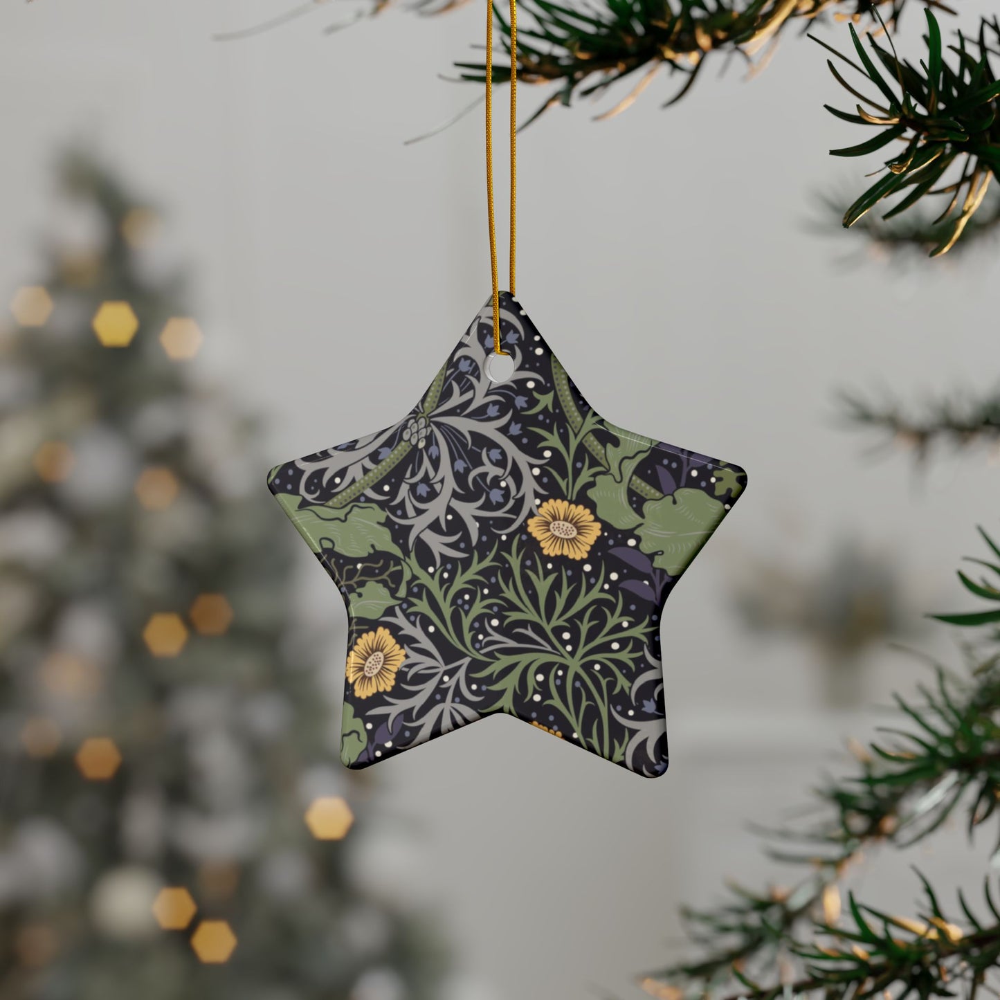 Ceramic Christmas Ornaments inspired by William Morris - Seaweed Collection (Yellow Flower) - Double Sided Print: 1pc, 3pcs, 5pcs, 10pcs